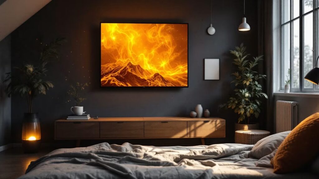 Une pièce de vie avec clim murale souffle un air chaud léger, tandis qu’une chambre plus froide attend un petit chauffage d’appoint.