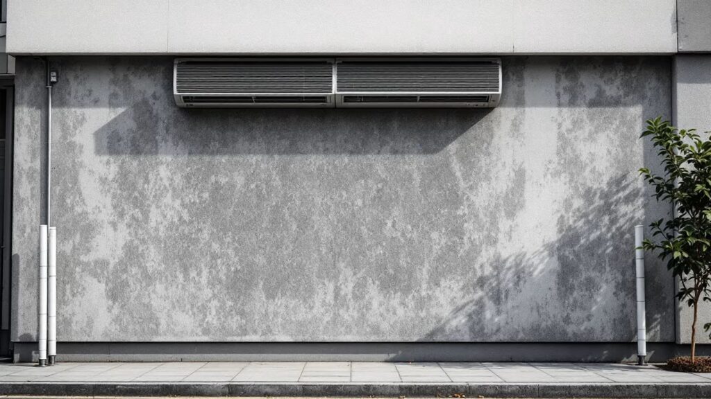 Une climatisation murale en marche diffuse un air humide près d’un évacuation discrète, avec un filtre visible en façade.